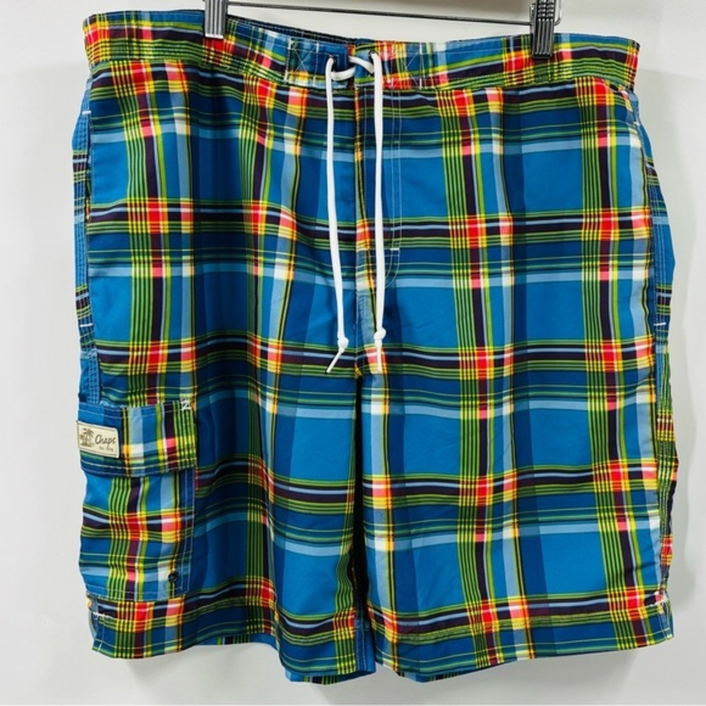 Chaps Mens XL Swim Trunks Plaid Blue Green Cargo Pocket Mesh Lined Board Shorts